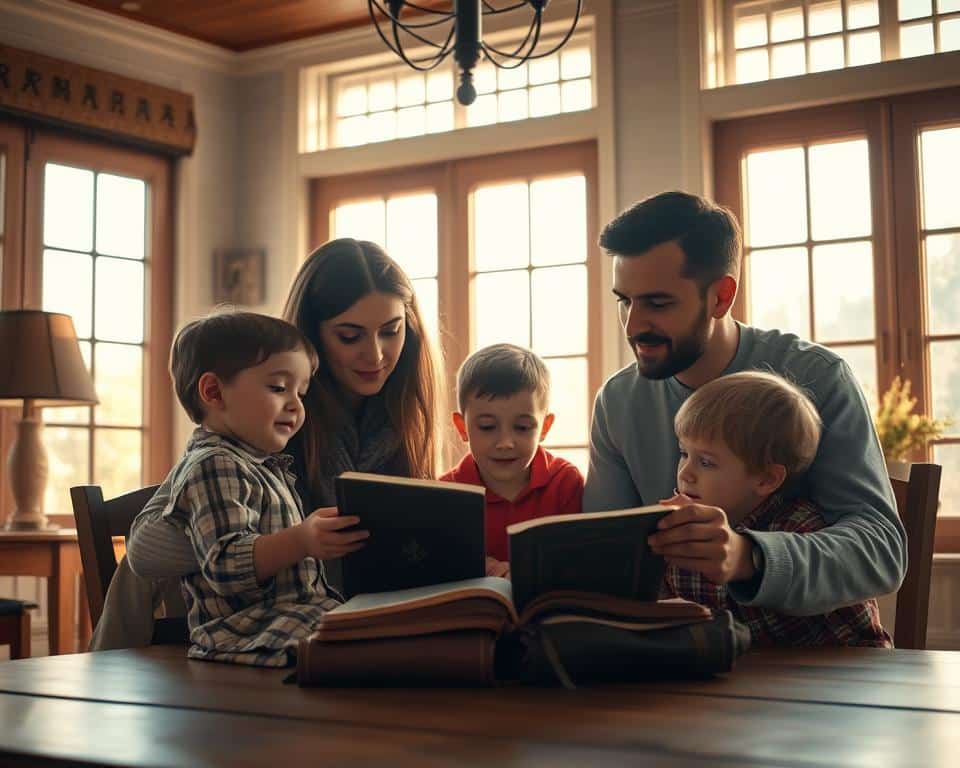 A serene family gathered around a table, bathed in the warm glow of natural light streaming through large windows. A mother and father sit with their children, deeply engaged in the reading of a well-worn Bible, their faces alight with contemplation and wisdom. The room is cozy and inviting, with subtle decorative touches that evoke a sense of timeless tradition. The overall atmosphere is one of reverence, intimacy, and the peaceful transmission of spiritual knowledge from generation to generation.