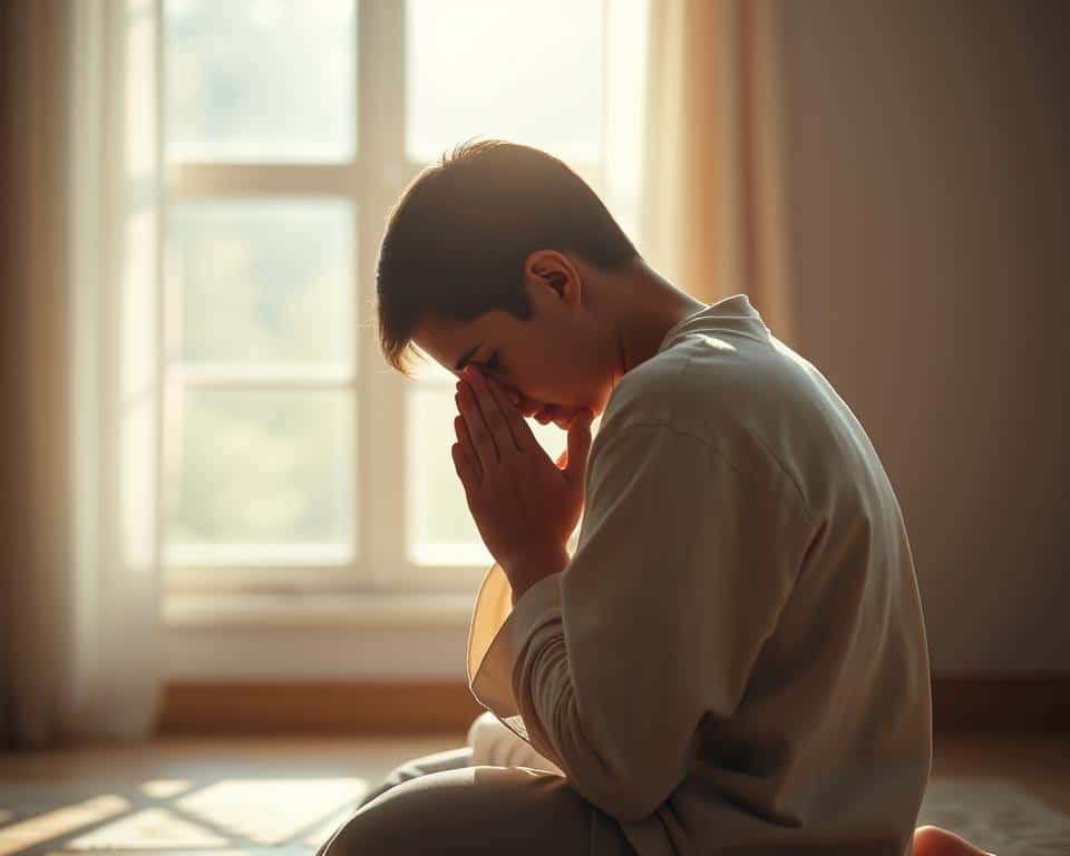 A serene figure kneeling in prayer, hands clasped, head bowed in contemplation. Soft natural light filters through a window, casting a warm glow on the scene. The background is blurred, placing the focus on the person's act of seeking divine guidance. The atmosphere is one of reverence and tranquility, inviting the viewer to pause and reflect on the power of prayer. Realistic details capture the texture of clothing, skin, and the reflective quality of the light. An ultra high-resolution, 4K image that captures the essence of seeking God's wisdom through fervent supplication.