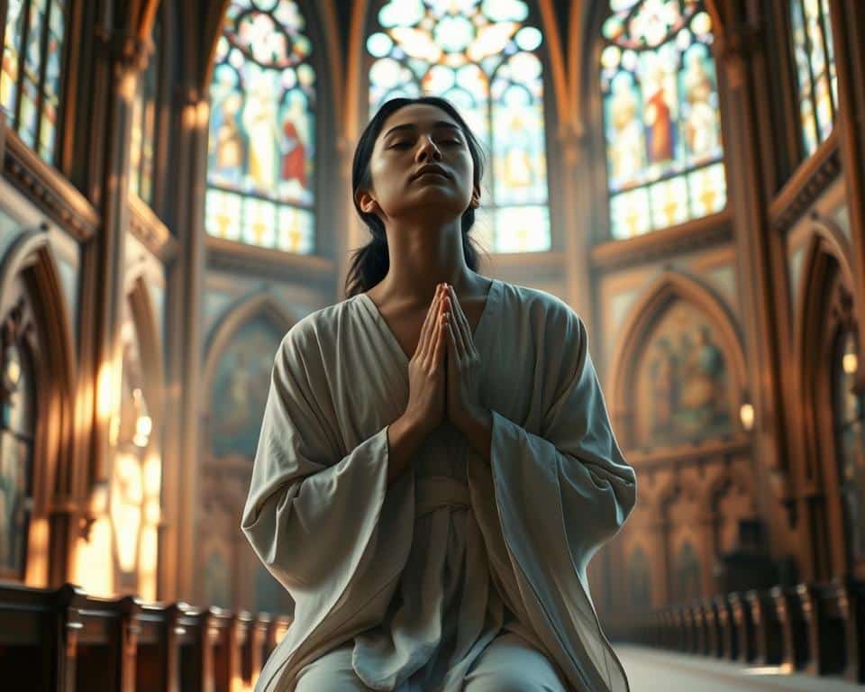 A serene figure kneeling in prayer, palms pressed together, eyes closed in deep contemplation. Soft, natural light filters through stained glass windows, casting a warm, reverent glow. In the background, a richly decorated church interior with intricate architectural details, the atmosphere imbued with a sense of sacred tranquility. Elegant, flowing robes drape the prayerful form, conveying a sense of humble devotion. The scene evokes a profound moment of seeking divine wisdom and discernment, a quiet yet powerful connection with the spiritual realm.