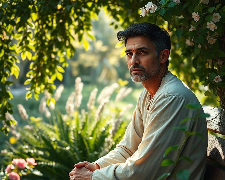 A serene garden oasis, sunlight filtering through lush foliage, illuminating a thoughtful figure seated on a weathered wooden bench. Cascading vines and flowers frame the scene, creating a sense of tranquility and introspection. The person's expression radiates an aura of wisdom and inner peace, their gaze conveying the profound impact of considered, well-reasoned decisions. The overall atmosphere is one of clarity, balance, and the rewards of applying biblical principles to everyday life. Ultra realistic photo in natural lighting, 4k detail.