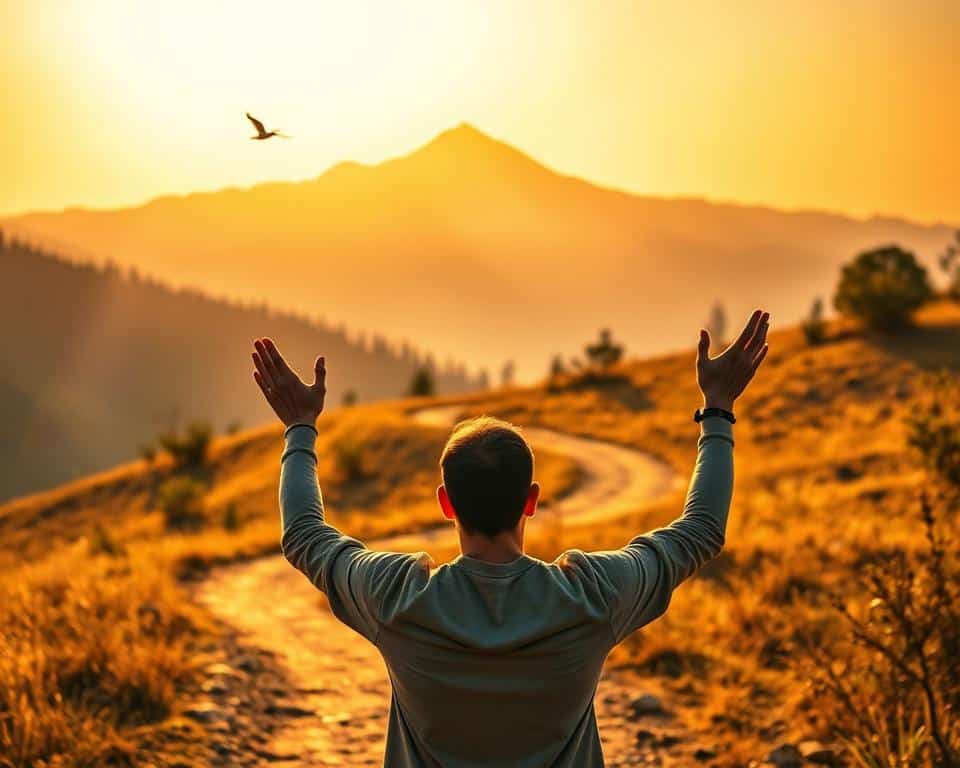 A serene landscape bathed in warm, golden sunlight, with a winding path leading the viewer's gaze towards a majestic mountain range in the distance. In the foreground, a person stands in contemplation, hands raised in a gesture of reverence, their expression one of awe and deep connection. The scene radiates a sense of tranquility and the profound realization of the divine presence manifested in the beauty of the natural world. Subtle details, such as a bird in flight or a gentle breeze rustling the leaves, add to the atmosphere of spiritual awareness and the recognition of God's hand guiding the course of life.