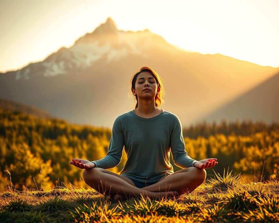 A serene landscape bathed in warm, golden sunlight. In the foreground, a person sits cross-legged, eyes closed in contemplation, their face serene and tranquil. Behind them, a towering mountain range rises majestically, its peaks capped with snow. In the middle ground, a lush, verdant forest stretches out, its leaves rustling gently in a light breeze. The atmosphere is one of peace, wisdom, and a deep connection to the divine. The subject's posture and expression convey a sense of inner strength and resilience, reflecting the power of faith and trust in God during times of adversity.
