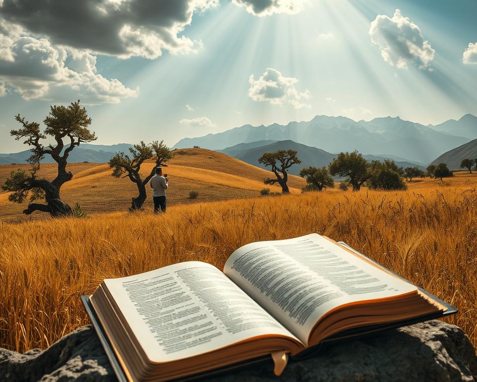 A serene landscape with a solitary figure standing amidst a field of wheat, gazing upwards as rays of sunlight filter through the clouds. In the foreground, an open Bible rests on a rock, its pages fluttering in the gentle breeze. The middle ground depicts a rolling hillside dotted with olive trees, their gnarled trunks and twisted branches evoking the resilience of faith. In the background, a majestic mountain range rises, its snow-capped peaks touching the heavens. The scene radiates a sense of contemplation and the timeless wisdom found in scripture, all captured in an ultra-realistic 4K photograph with natural lighting.