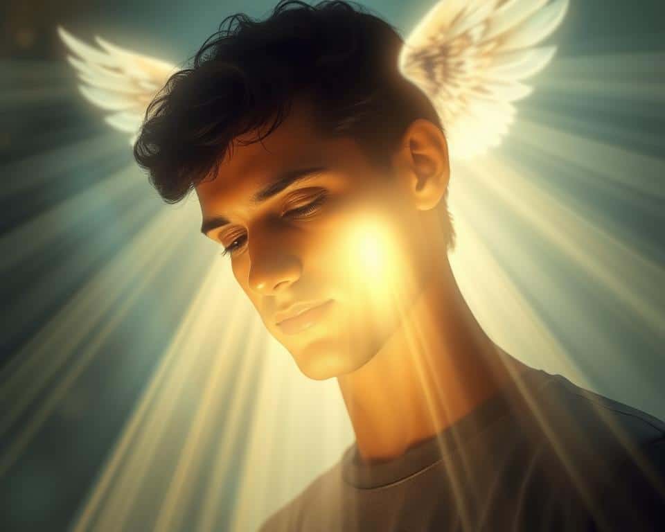 A serene, luminous figure representing the Holy Spirit hovers above a person deep in contemplation, their face radiant with an inner glow. Ethereal rays of light stream down, casting a warm, divine illumination that guides the individual's decision-making process. The background is a soft, diffused palette of muted blues and greens, evoking a sense of tranquility and spiritual awareness. The composition is balanced, with the central figures commanding attention while the overall scene exudes a profound sense of peace and enlightenment. Captured in ultra-realistic 4K detail under natural lighting, this image visually encapsulates the essence of discernment and the power of divine guidance.