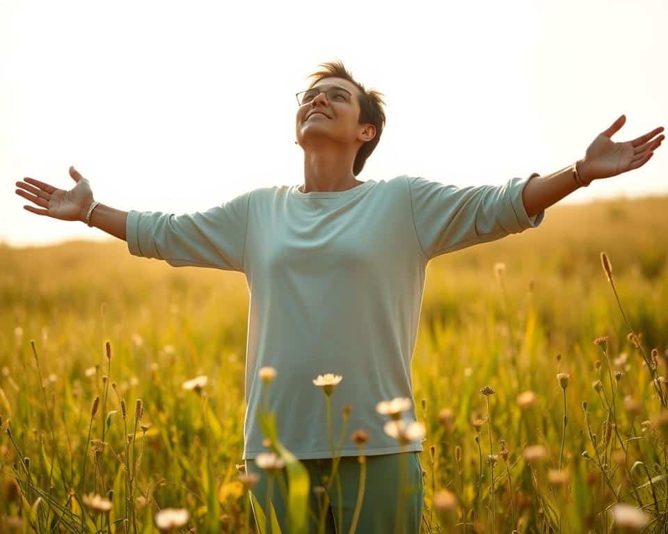 A serene meadow, bathed in warm sunlight, serves as the backdrop for a figure standing tall and free, arms outstretched in a gesture of liberation. Delicate wildflowers dot the foreground, symbolizing the blossoming of inner peace. The subject's expression radiates a profound sense of tranquility, their gaze cast upwards, towards the boundless sky - a visual metaphor for the emotional freedom found through the act of forgiveness. This ultra-realistic, 4K-detailed photograph captures the essence of the wisdom in forgiving others, a path that leads to profound inner peace.