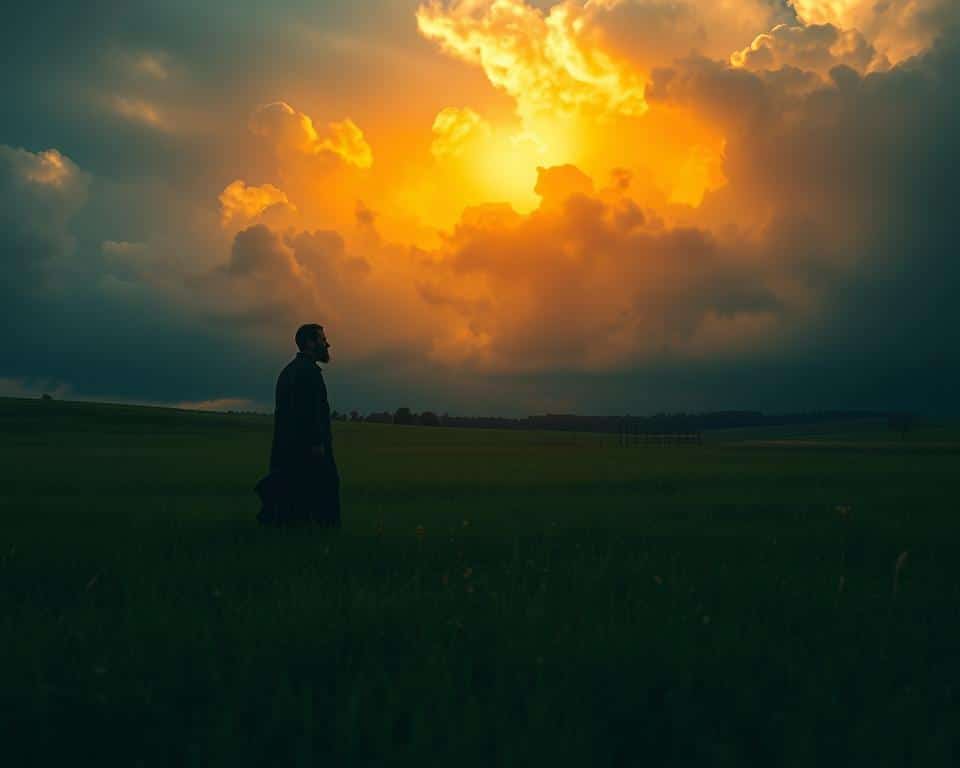 A serene meadow with a striking contrast between light and shadow. In the foreground, a solitary figure stands, their face illuminated by a warm, golden glow - a symbol of unwavering faith. In the background, ominous storm clouds loom, casting long, ominous shadows across the landscape. The figure's pose exudes a sense of tranquility and resolve, juxtaposed against the surrounding air of uncertainty and fear. Ultra-realistic photo in natural lighting, 4k detail.