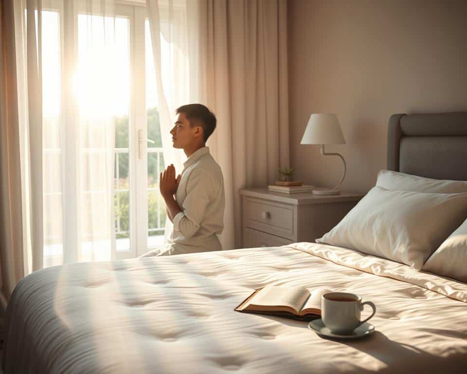 A serene morning scene, the soft glow of dawn illuminating a cozy bedroom. In the foreground, a person kneels by the bedside, hands clasped in prayer, their expression one of deep contemplation. Sunlight filters through sheer curtains, casting a warm, ethereal light across the scene. The middle ground reveals a simple, yet elegant nightstand, a Bible, and a cup of steaming tea, signifying the start of a purposeful day. In the background, a window overlooks a tranquil garden, hinting at the beauty of God's creation. The overall atmosphere conveys a sense of peace, reverence, and a profound connection with the divine, perfectly capturing the essence of a morning prayer routine.