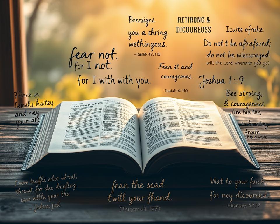 A serene, natural landscape with a large, open Bible resting on a wooden table. The pages of the Bible are illuminated by warm, golden sunlight streaming through a window, casting a soft, spiritual glow. Surrounding the Bible, a collage of hand-drawn or calligraphic Bible verses about overcoming fear, such as "Fear not, for I am with you" (Isaiah 41:10) and "Be strong and courageous. Do not be afraid; do not be discouraged, for the Lord your God will be with you wherever you go" (Joshua 1:9). The overall atmosphere conveys a sense of peace, faith, and the power of Scripture to provide comfort and guidance in times of fear.