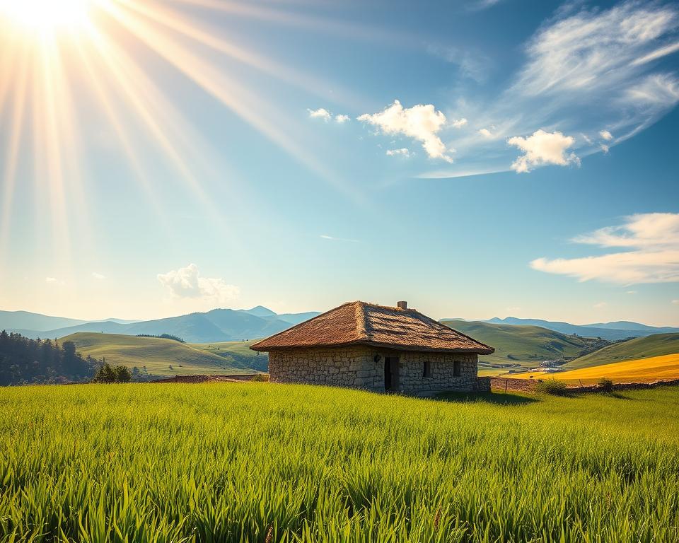 A serene, natural landscape with a lush, verdant field in the foreground. Nestled in the middle ground, a well-constructed stone building with a thatched roof, embodying the timeless architecture of biblical times. Rays of warm, golden sunlight filter through wispy clouds, casting a soft, reverent glow over the scene. In the distance, rolling hills and a clear, azure sky create a sense of tranquility and divine presence. The overall composition conveys a deep, spiritual connection between the physical world and the wisdom of careful financial stewardship, as reflected in the biblical principles of the passage.