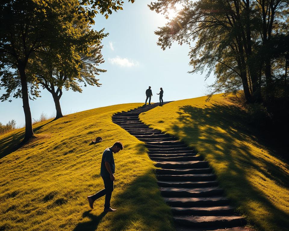 A serene outdoor scene with a winding path leading up a grassy hillside, flanked by lush trees and a clear blue sky. In the foreground, a person walks calmly, head bowed in contemplation. Warm sunlight filters through the leaves, casting a peaceful glow. In the middle ground, two figures stand facing each other, deep in conversation. Beyond them, the path continues upward, inviting the viewer to follow the journey of trust and wisdom. The overall atmosphere is one of tranquility, introspection, and a sense of guidance unfolding.