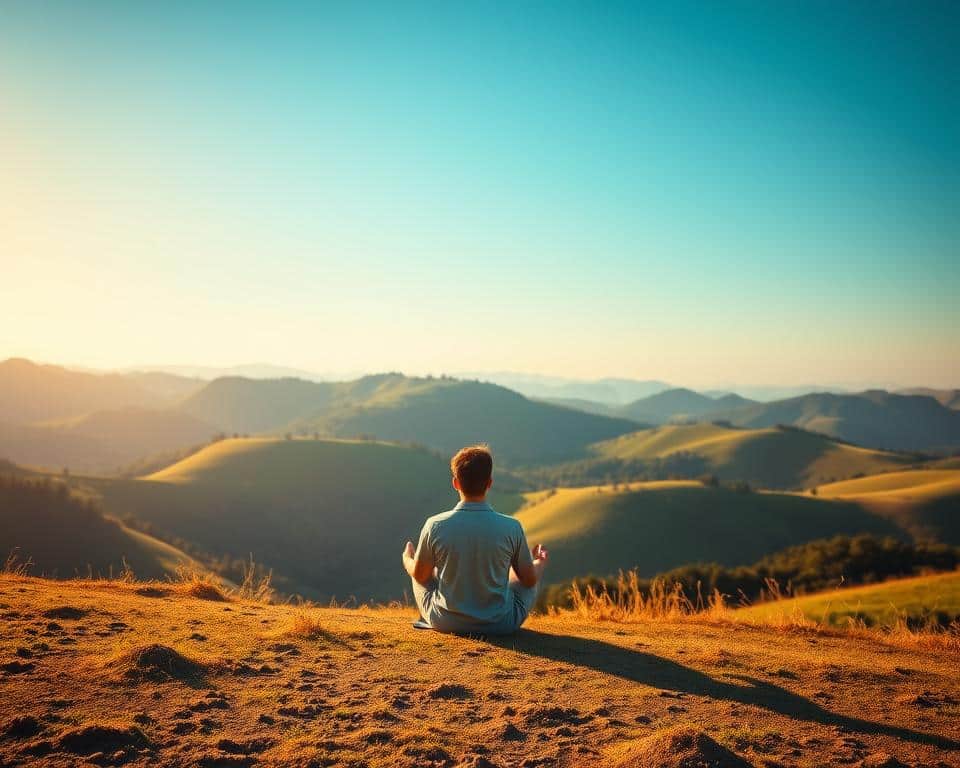 A serene, peaceful landscape with rolling hills, lush greenery, and a clear blue sky. In the foreground, a lone figure sits cross-legged, deep in contemplation, radiating an aura of inner tranquility. Soft, natural lighting filters through the scene, casting a warm, golden glow that enhances the sense of calm and introspection. The overall atmosphere conveys the essence of patience as a virtuous, steadfast quality, rooted in the wisdom and understanding of the biblical tradition.