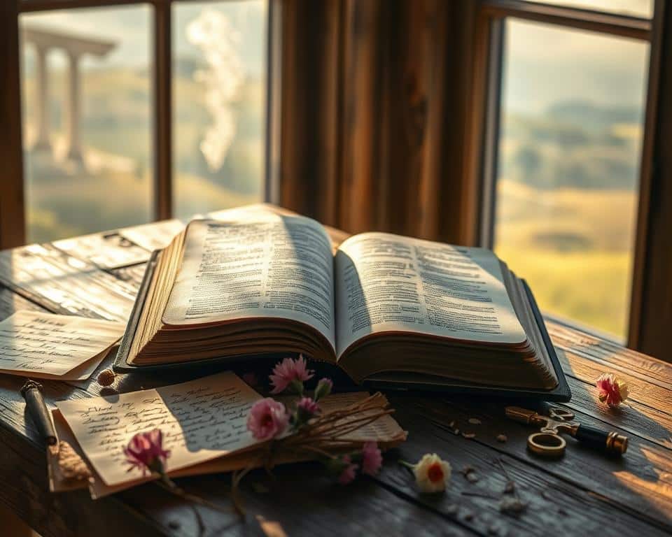 A serene scene of a weathered old Bible resting open on a worn wooden table, sunlight filtering through a nearby window casting a warm glow. Surrounding the book, a scattering of handwritten notes, pressed flowers, and a brass cross, conveying the sacred nature of the text. In the background, a hazy, impressionistic landscape suggests the expansive scope of the biblical commands to share the gospel. The overall atmosphere is one of reverence, introspection, and a call to faithful service.