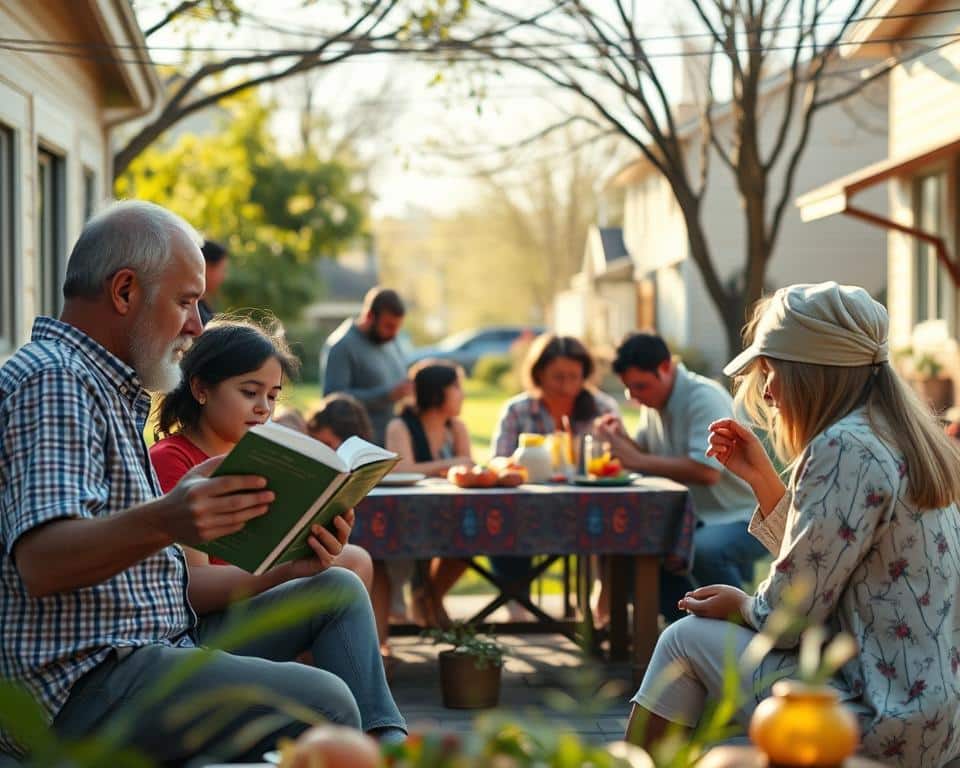 A serene setting with a family engaged in everyday acts of faith - a parent reading Scripture to their children, a person volunteering at a local shelter, friends sharing a meal and discussing their beliefs. The foreground features these relatable scenes, while the middle ground showcases a diverse community coming together, with a backdrop of a peaceful, sun-dappled neighborhood. Lighting is natural and warm, with a lens that captures the intimacy and authenticity of the moment. The overall atmosphere conveys a sense of purpose, compassion, and the tangible ways faith can be lived out in daily life.