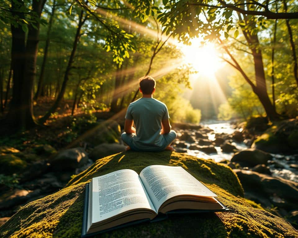 A serene, sun-dappled forest glade, where a lone figure sits cross-legged on a mossy rock, deep in contemplation. Rays of warm light filter through the canopy of verdant leaves, casting a soft, reverent glow upon the scene. In the foreground, an open book rests upon the figure's lap, pages fluttering gently in the breeze, a symbol of the wisdom being absorbed. The background is filled with the tranquil sounds of a bubbling brook and the distant calls of birds, creating a sense of peaceful solitude. The pose of the figure exudes a quiet confidence, a deep understanding of the value of knowledge and introspection in one's life journey.
