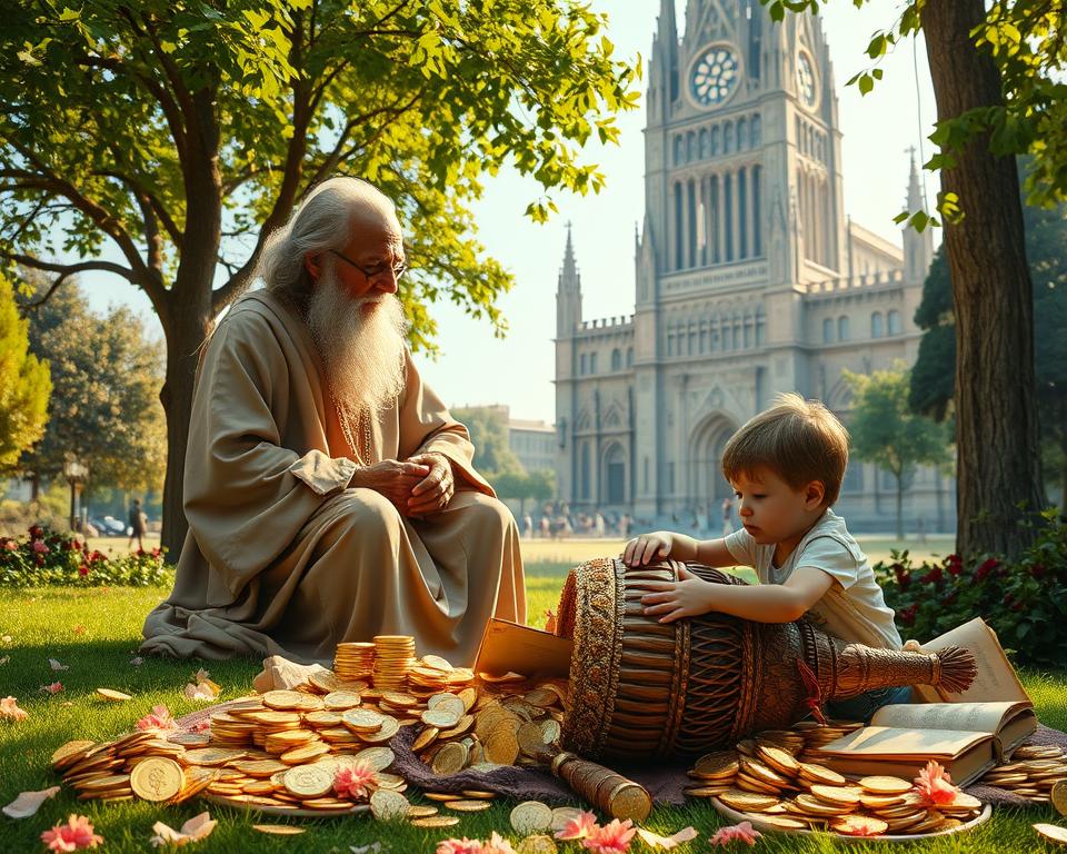 A serene, sun-dappled garden scene, where a wise elderly figure in flowing robes sits in contemplation, surrounded by an overflowing cornucopia of gold coins, jewels, and ancient scrolls. In the foreground, a small child carefully arranges the treasures, guided by the gentle hand of the elder, conveying the biblical principles of stewardship and the responsible management of wealth. In the background, a majestic cathedral towers, its stained-glass windows casting a warm, ethereal glow over the scene, symbolizing the divine oversight and spiritual significance of financial wisdom. Crisp, high-resolution details, natural lighting, and a sense of timeless, reverent tranquility.