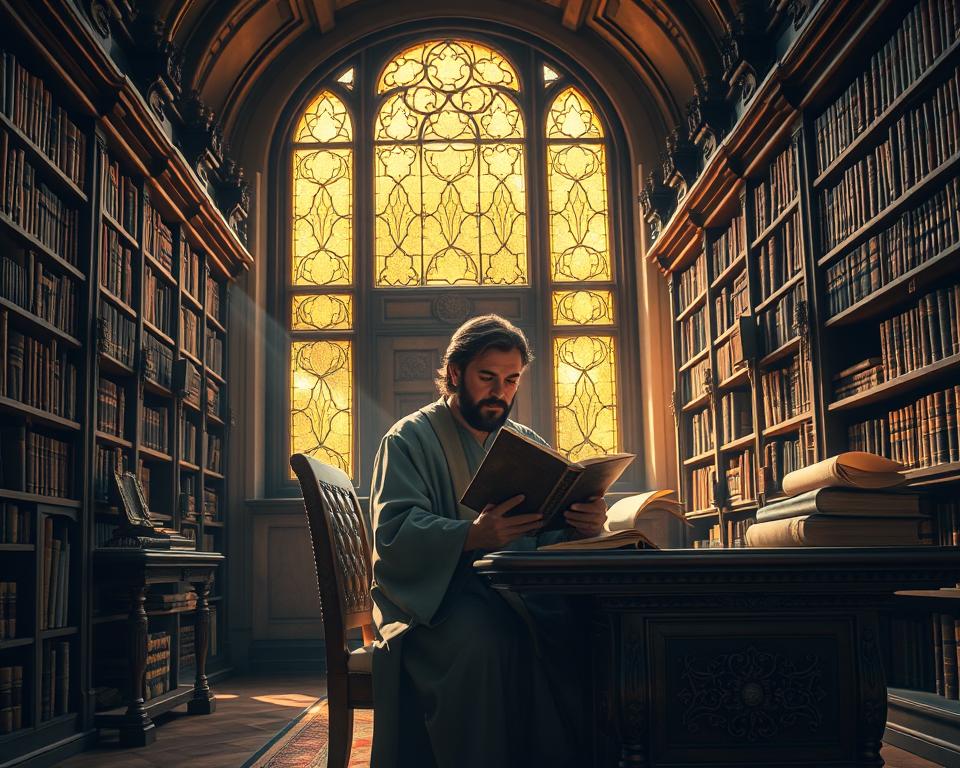 A serene, sun-dappled library interior, with ornate bookcases lining the walls and a large, stained-glass window casting warm, golden light across the scene. In the center, a scholar in a flowing robe sits at a carved wooden desk, intently studying an ancient tome, their face full of contemplative focus. Shelves of leather-bound volumes and delicate scrolls surround them, hinting at the wealth of wisdom contained within. The atmosphere is one of quiet, reverent contemplation, inviting the viewer to ponder the timeless truths of the Proverbs.