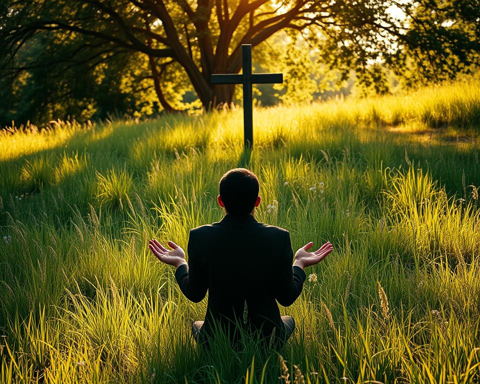 A serene, sun-dappled meadow, its lush grasses swaying gently in the breeze. In the foreground, a figure kneels humbly, palms upturned in a gesture of grace and reverence. Their face is obscured, but their posture radiates a profound sense of humility and surrender. The middle ground features a simple wooden cross, its weathered surface a testament to the passage of time. Soft, warm light filters through the canopy of trees in the background, casting a golden glow over the entire scene. The overall mood is one of quiet contemplation, a profound stillness that invites the viewer to pause and reflect on the power of grace and the beauty of humility.