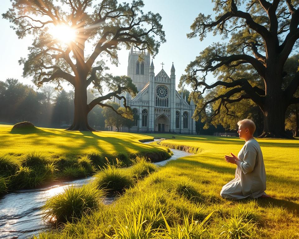 A serene, sunlit meadow with lush, verdant grass and a gently flowing stream. In the foreground, a figure kneels in prayer, their hands clasped, a halo of warm light surrounding them. In the background, a grand, towering cathedral stands, its intricate architecture and stained-glass windows casting a reverent glow. Rays of light filter through the leaves of ancient oak trees, creating a peaceful, contemplative atmosphere. The scene conveys a sense of devotion, advocacy, and the harmonious intersection of faith and service.