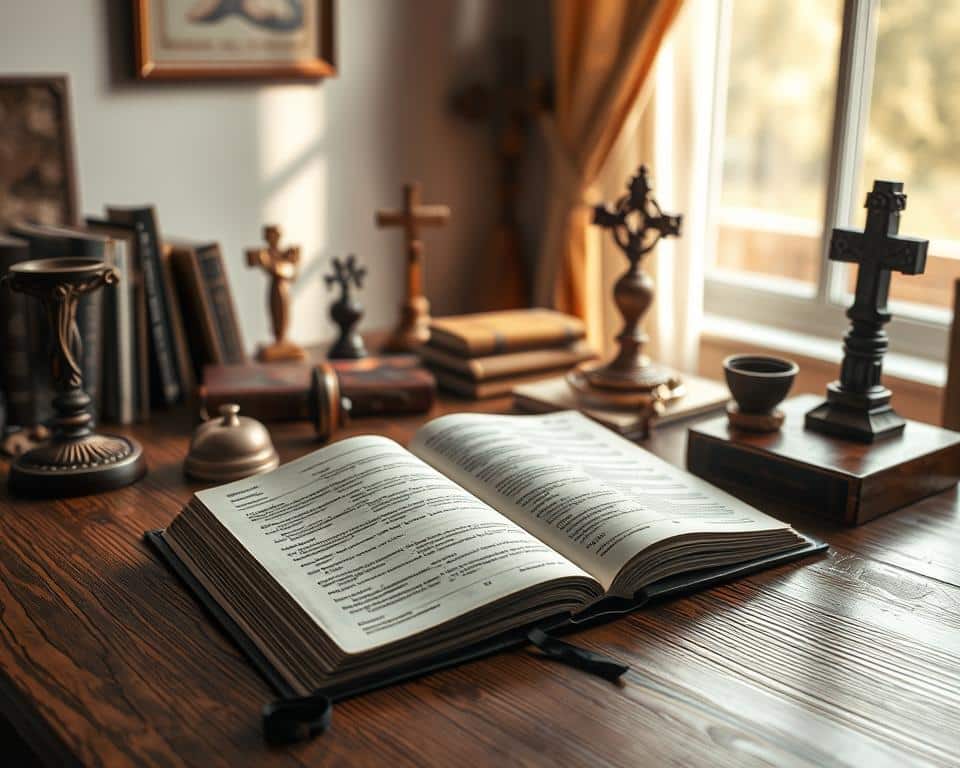 A serene, well-lit study featuring an open Bible on a wooden desk, surrounded by a thoughtful assortment of religious symbols and objects. Soft, natural light filters through a window, casting a warm glow over the scene. The composition emphasizes the centrality of the sacred text, inviting the viewer to contemplate the wisdom and guidance found within its pages, particularly the verses about the transformative power of forgiveness. The overall atmosphere is one of reverence, introspection, and a sense of spiritual enlightenment.