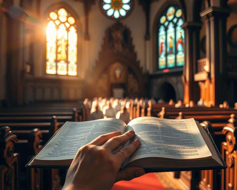 A sunlit stained-glass window casts a warm glow over a humble church interior. In the foreground, a pair of hands gently clasping an open Bible, its pages illuminated by the divine light. In the middle ground, a small congregation kneels in reverent prayer, their faces expressions of devotion. The ornate wooden pews and intricate architectural details of the church create a sense of timeless spirituality in the background. The scene radiates a profound sense of faith, service, and the biblical foundations that guide the act of serving others.