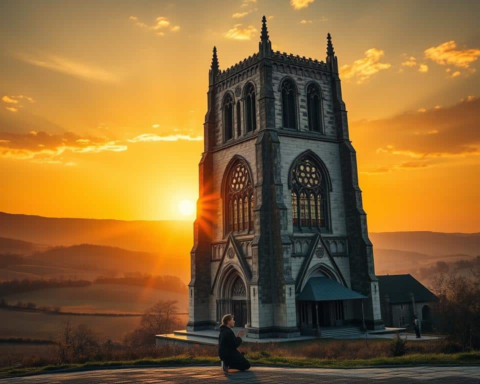 A towering cathedral stands against a backdrop of rolling hills and a golden sunset sky. Light streams through stained glass windows, casting a warm glow over the intricate stone architecture. In the foreground, a solitary figure kneels in prayer, their hands clasped and their face illuminated by the sacred light. The scene evokes a sense of timeless reverence, a testament to the enduring power of faith and the role of history in shaping spiritual traditions.