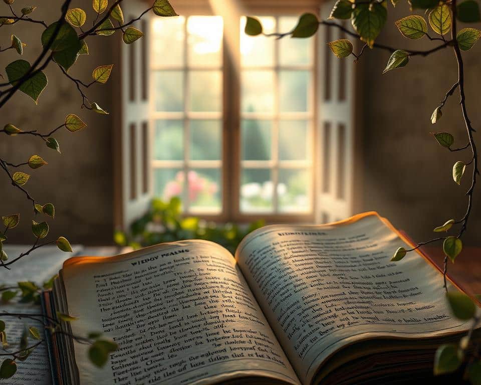 A tranquil scene of ancient parchments adorned with intricate calligraphic script, casting a warm glow under soft, natural light. In the foreground, a weathered leather-bound book rests open, revealing verses from the Wisdom Psalms. Delicate vines and foliage frame the composition, suggesting a serene, contemplative atmosphere. The middle ground features a window overlooking a peaceful garden, hinting at the divine connection within these sacred texts. In the background, a gentle sunbeam filters through, imbuing the scene with a sense of timeless wisdom and spiritual enlightenment.