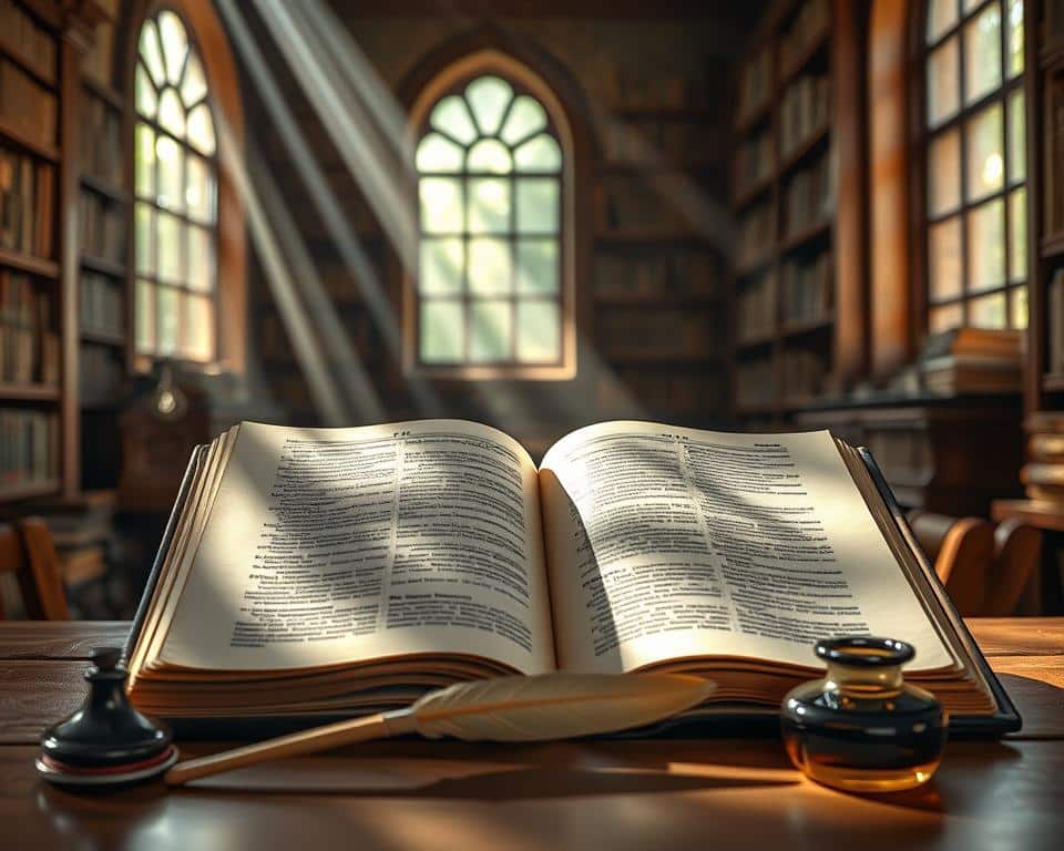 A tranquil, sun-dappled library setting with an open book of ancient wisdom on a wooden desk. Rays of light stream through the arched windows, illuminating the rich, aged pages. In the foreground, a quill pen and inkwell rest, symbolizing the contemplative act of recording knowledge. The background features towering bookshelves, their spines hinting at the depth of human understanding. An air of reverence and timelessness pervades the scene, inviting the viewer to pause and ponder the essence of biblical wisdom.
