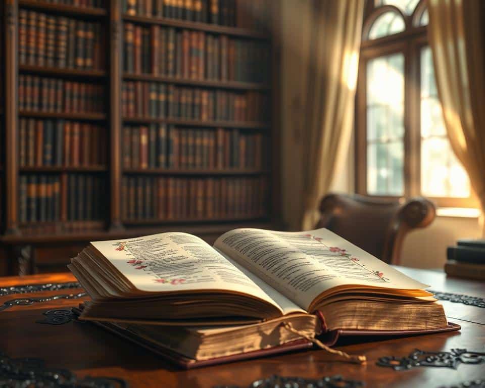 A tranquil, sun-dappled study with an open book of Psalms resting on an ornate wooden table. The pages are illuminated by soft, warm light filtering through a nearby window, casting gentle shadows across the richly textured cover. Wisps of ancient parchment and delicate floral illustrations adorn the margins, evoking a sense of timeless wisdom and contemplation. In the background, a towering bookshelf filled with leather-bound volumes, symbolizing the depth and breadth of knowledge contained within the Psalms. The overall scene exudes an atmosphere of reverence, introspection, and the timeless guidance offered by this revered spiritual text.
