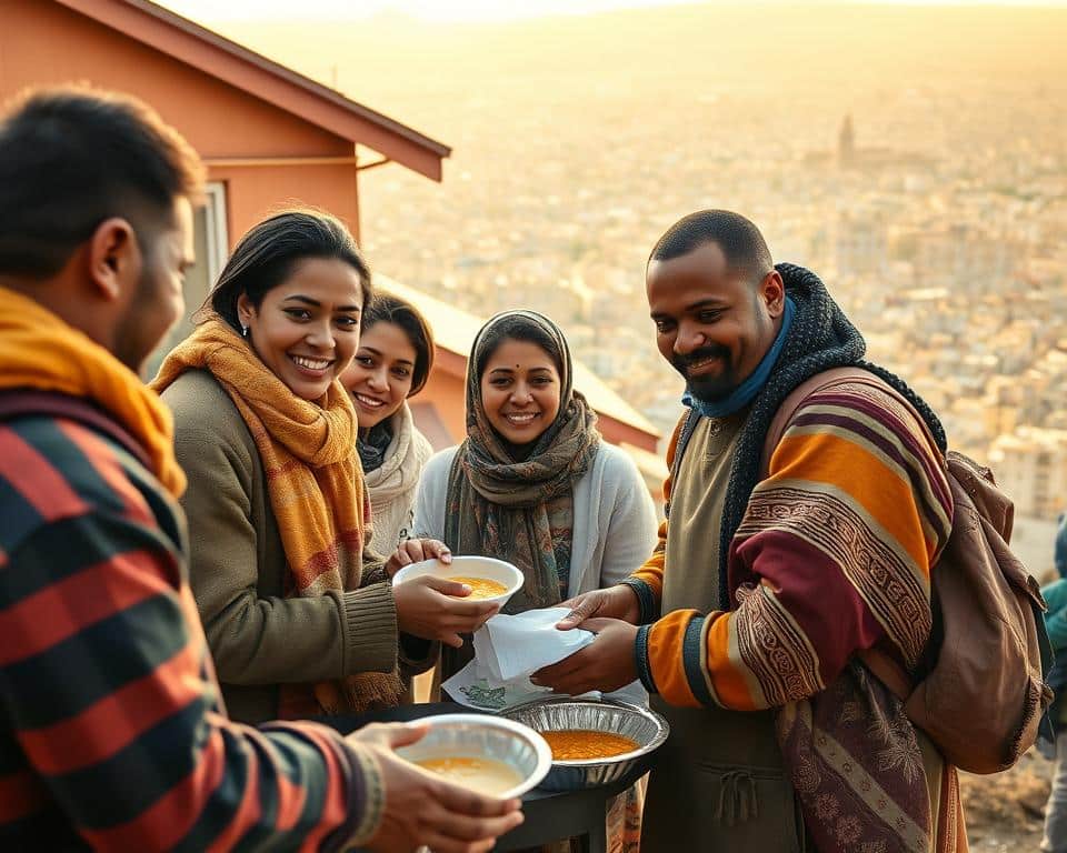 A vibrant and compassionate scene of "Faith in action through service". In the foreground, a group of people of diverse backgrounds selflessly assisting the less fortunate - providing warm meals, blankets, and medical care. Their expressions radiate kindness and empathy, a tangible reflection of their unwavering belief. The middle ground features a modest soup kitchen or community center, its architecture warm and inviting. In the background, a sprawling cityscape bathed in soft, natural light, symbolizing the far-reaching impact of these acts of service. The entire composition conveys a sense of unity, purpose, and the profound ways in which faith can manifest through caring for one's fellow human beings.