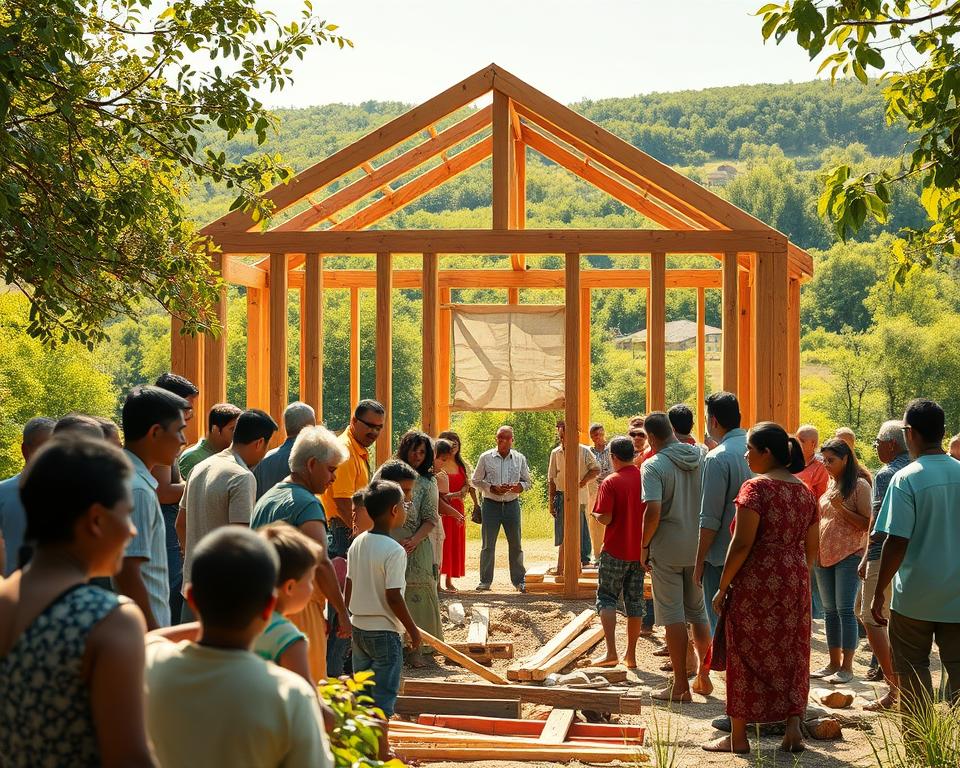 A vibrant, sun-dappled scene of a diverse community gathered in a serene outdoor setting, working together to build a sturdy wooden structure. In the foreground, people of all ages and backgrounds collaborate, their faces alight with purpose and camaraderie. The middle ground features a partially completed building frame, its sturdy beams and joists a symbol of the community's united effort. In the background, a lush, verdant landscape provides a peaceful, natural backdrop, suggesting the deep roots of this service-driven undertaking. The warm, diffused lighting and soft shadows create a sense of harmony and spiritual connection, reflecting the biblical foundation that inspires this community project.
