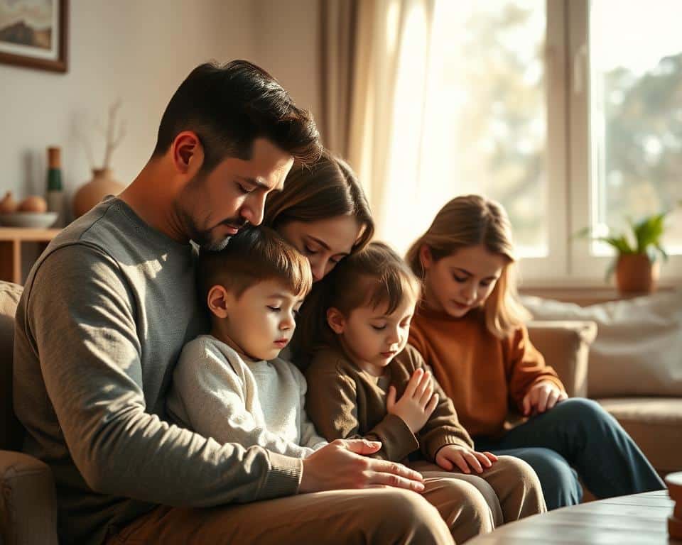 A warm, inviting scene of a family of four gathered together in a cozy living room, bowing their heads in reverent prayer. The soft, natural light from a nearby window bathes the space in a serene glow, casting gentle shadows across their faces. The parents sit side by side, with the children nestled between them, their expressions sincere and contemplative. The living room is tastefully furnished with earthy tones and textures, creating an atmosphere of comfort and faith. An air of tranquility and togetherness permeates the space, reflecting the family's devotion to their Christian beliefs and their commitment to integrating their faith into their daily lives.