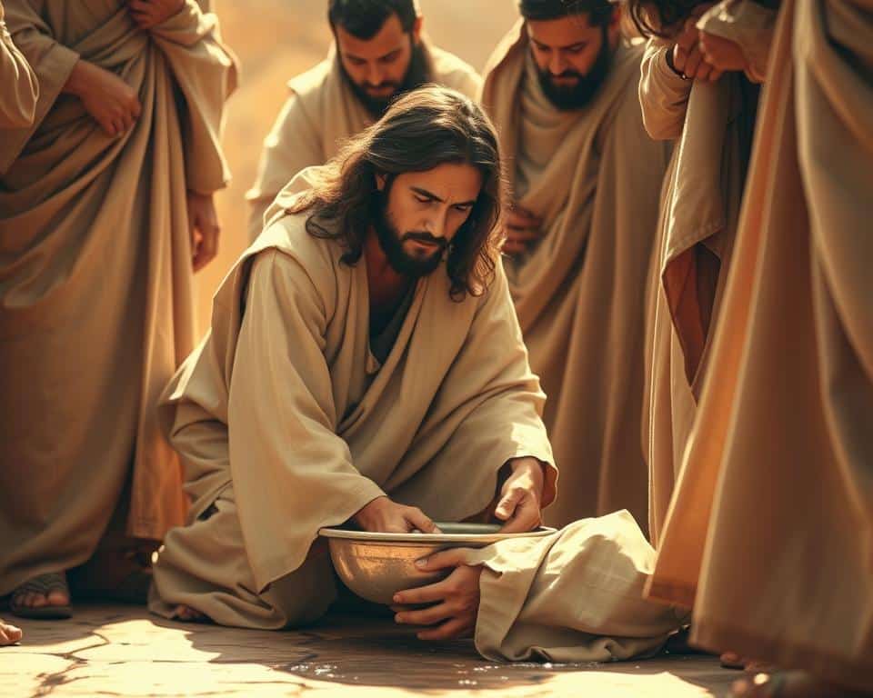 A warm, sepia-toned scene of Jesus kneeling before his disciples, tenderly washing their feet with a basin of water. The Savior's expression is one of profound humility and compassion as he models servant leadership. Intricate details of his flowing robes and the disciples' awestruck faces fill the frame. Soft, diffused lighting casts a reverent glow, highlighting the timeless message of putting others first. A timeless depiction of Jesus' transformative example of true servanthood.