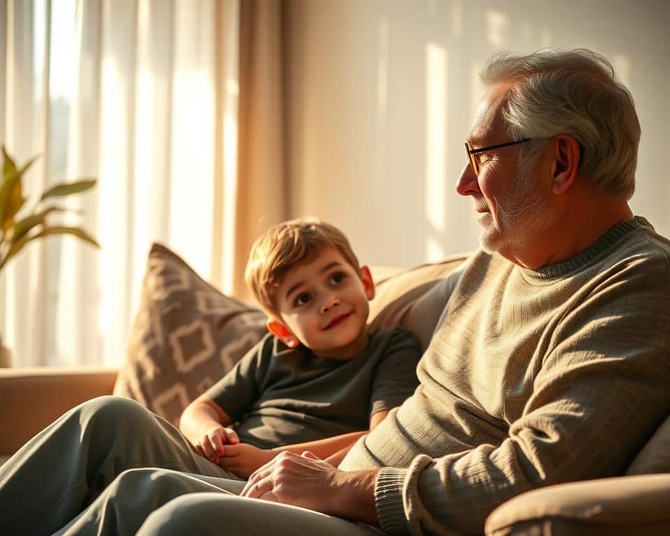 A warm, sun-dappled scene in a cozy living room. A parent and child, seated on a plush sofa, engaged in a heartfelt discussion. The parent's expression is one of gentle wisdom, guiding the child's inquisitive gaze. The child leans forward, eyes wide with wonder, listening intently as the parent shares their faith journey. Soft natural light filters through sheer curtains, creating a serene, introspective atmosphere. The details are crisp and vivid, capturing the intimacy and importance of this formative moment between generations.