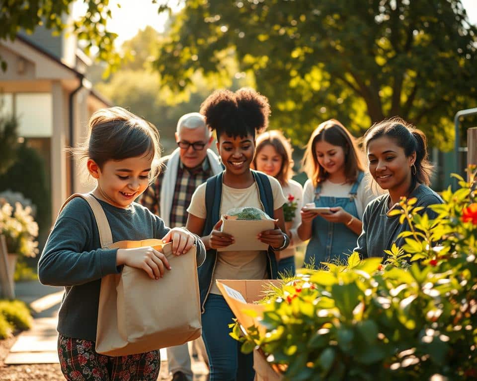 A warm, sun-dappled scene of everyday acts of kindness - a child helping an elderly neighbor carry groceries, a person offering a meal to a homeless individual, friends donating clothing to a local charity, a community garden tended by volunteers. Soft, natural lighting illuminates the faces of those engaged in these simple, compassionate deeds, conveying a sense of joy, connection, and the profound impact of small but impactful gestures. Captured with a wide-angle lens to emphasize the communal, inclusive nature of these moments, this image reflects the beauty and power of daily kindness that brings people together and exemplifies God's love.