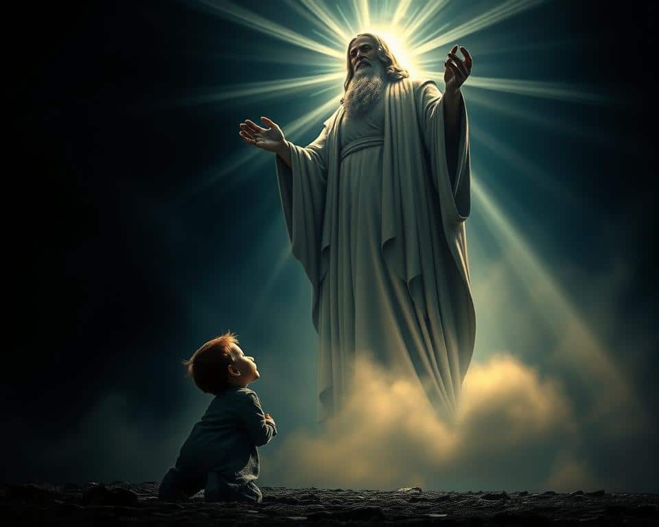 An awestruck child kneeling before a towering, majestic figure of God the Father, radiating an overwhelming divine presence. Beams of heavenly light pierce the darkness, casting an ethereal glow upon the scene. The child's face is etched with reverence and fear, yet tinged with wonder, as if encountering the infinite power and holiness of the Almighty. The background is a vast, shadowy expanse, emphasizing the child's smallness and vulnerability before the Supreme Being. Ultra-realistic photo in natural lighting, 4k detail.