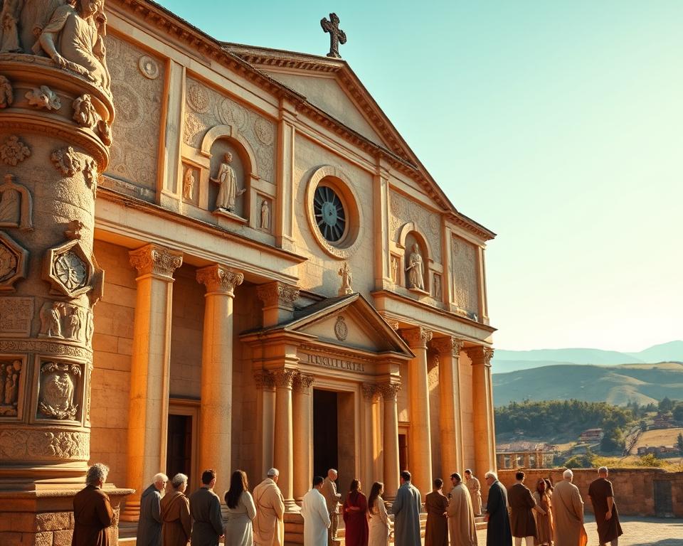 An early Christian basilica set against a backdrop of rolling hills and a clear blue sky. The church's soaring arches and intricate stone carvings are bathed in warm, diffused sunlight, creating a sense of reverence and timelessness. In the foreground, a group of worshippers in flowing robes gather around the ornate altar, their faces illuminated by the soft, natural light. The scene captures the essence of the early church, with its blend of architectural grandeur and spiritual devotion, inviting the viewer to step back in time and experience the vibrant and influential era of Christian apologetics.