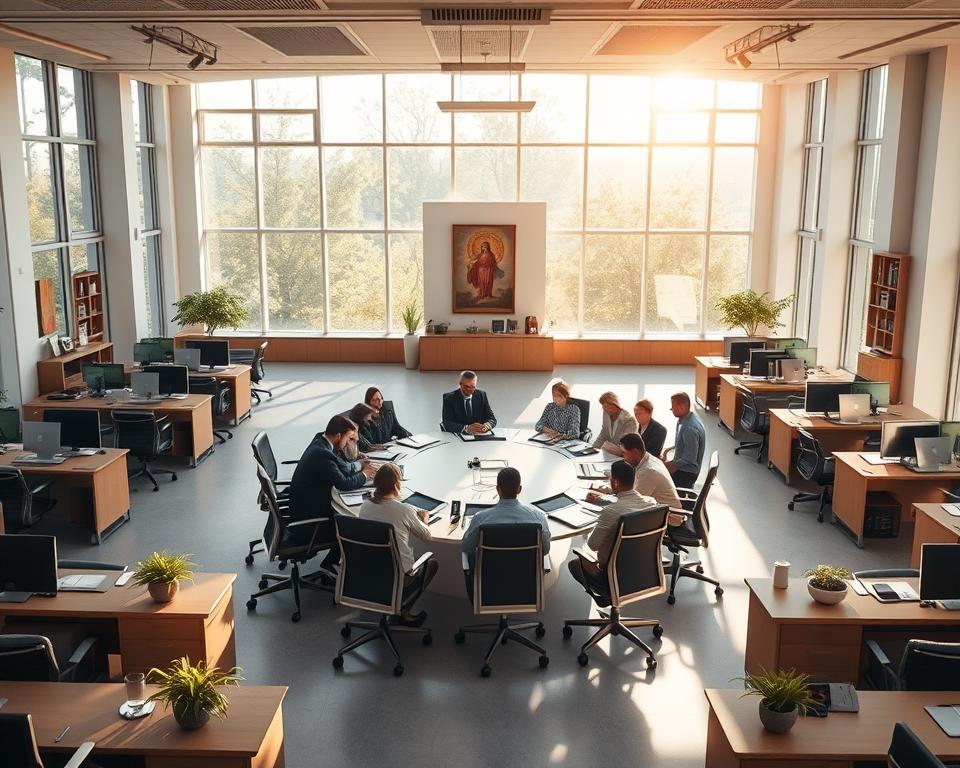 An expansive, sun-drenched office space, filled with warm, natural light pouring through large windows. Neat rows of desks and ergonomic chairs arranged with care, a reflection of a faith-driven business ethic. In the center, a circular conference table, around which executives gather, their expressions serene yet purposeful. Tasteful décor - potted plants, abstract artwork, and subtle religious iconography - convey a sense of thoughtful spirituality. The atmosphere is one of quiet productivity, where faith and entrepreneurship coexist in perfect harmony.