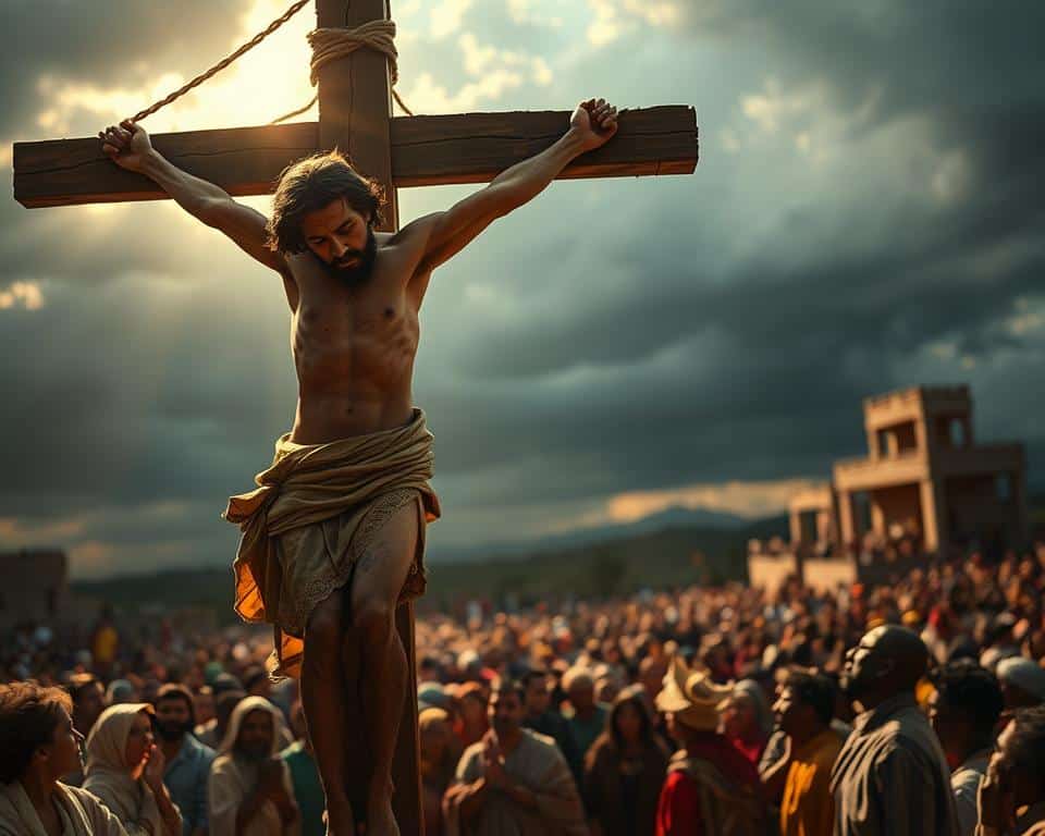 An ultra-realistic photo in natural lighting, 4k detail of the crucifixion of Jesus Christ, the ultimate sacrifice. In the foreground, the Savior hangs on the cross, his body broken and bloodied, his face etched with anguish yet radiating divine grace. The middle ground depicts the crowds gathered, some weeping in sorrow, others jeering in derision. In the background, the sky darkens, the earth trembles, as the world bears witness to this profound moment of redemption. The scene is bathed in a solemn, reverent light, conveying the gravity and significance of Christ's sacrifice for the salvation of humanity.