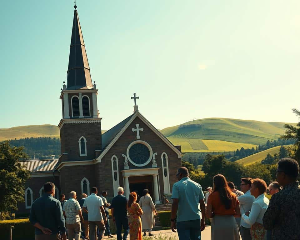 Ultra realistic photo in natural lighting, 4k detail of a large church building in the foreground, its steeple and ornate facade prominently displayed. In the middle ground, a group of people, diverse in age and ethnicity, gathered outside the church entrance, engaged in conversation and fellowship. The background features a lush, verdant landscape with rolling hills and a clear blue sky, conveying a sense of peace and serenity. The overall scene illustrates the role of the church as a central hub for global missions, bringing people together in a spirit of community and faith.