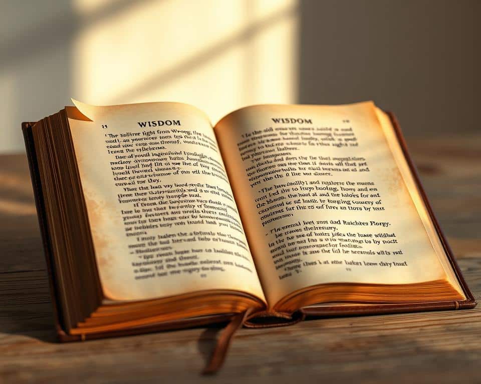 a close-up ultra-realistic photograph in natural lighting of an open ancient leather-bound book with weathered pages, illuminating a passage of biblical text that defines wisdom as the ability to discern right from wrong, to make sound judgments, and to live a life of moral uprightness, the pages bathed in a warm, contemplative glow, the book resting on a smooth, wooden surface, with a simple yet elegant background that evokes a sense of timelessness and reverence