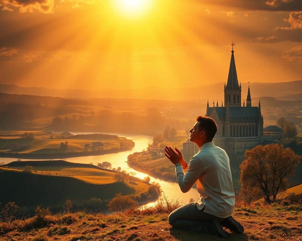 a divine golden light radiating from the heavens, casting a warm glow upon a serene landscape below. in the foreground, a person kneeling in prayer, their hands clasped and eyes closed, their expression one of profound faith and trust. the middle ground reveals rolling hills and a winding river, symbolic of the journey of life. in the distance, a magnificent cathedral stands tall, its spires reaching towards the sky, a testament to humanity's spiritual aspirations. the overall scene conveys a sense of tranquility, harmony, and the profound connection between the divine and the earthly realm.