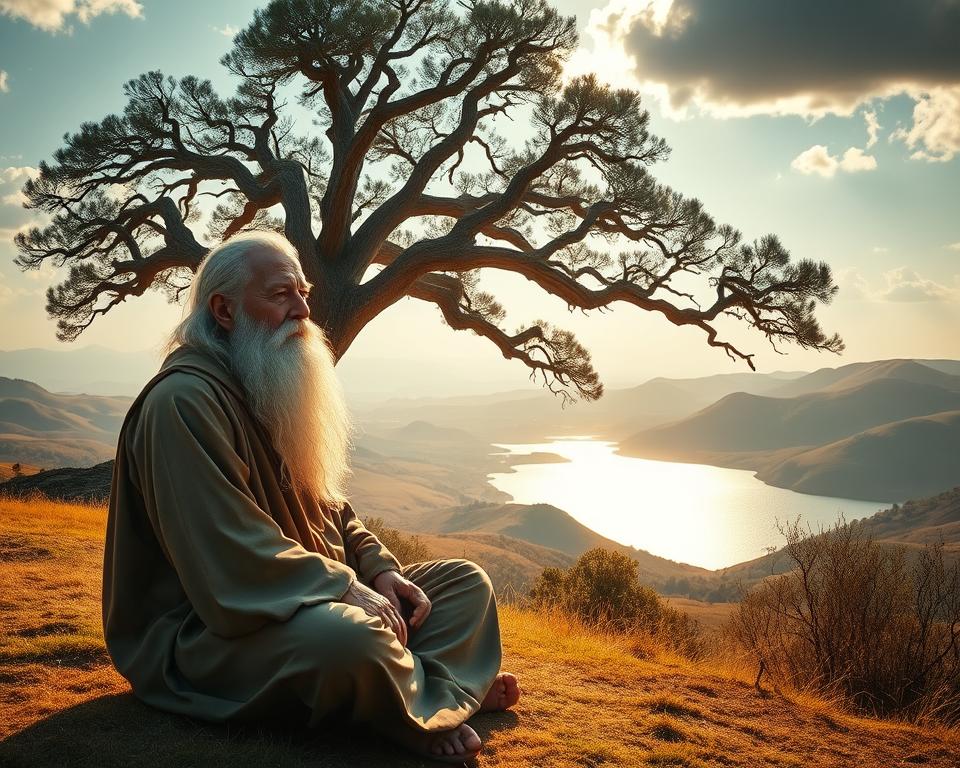 a highly detailed, ultra-realistic 4K photograph of a divine, heavenly landscape with dramatic natural lighting. In the foreground, a wise, elderly man with a long, flowing white beard and robes sits cross-legged, his palms resting on his knees in a meditative pose. He is surrounded by a soft, ethereal glow, his face radiating a sense of peace and serenity. In the middle ground, a towering, ancient oak tree stands tall, its branches reaching towards the sky, symbolizing the strength and stability of faith. In the background, rolling hills and a serene, glimmering lake stretch out, bathed in a warm, golden light, conveying a sense of tranquility and divine presence. The overall atmosphere is one of wisdom, contemplation, and a deep, unwavering connection to the biblical principles that guide and inform wise decision-making.