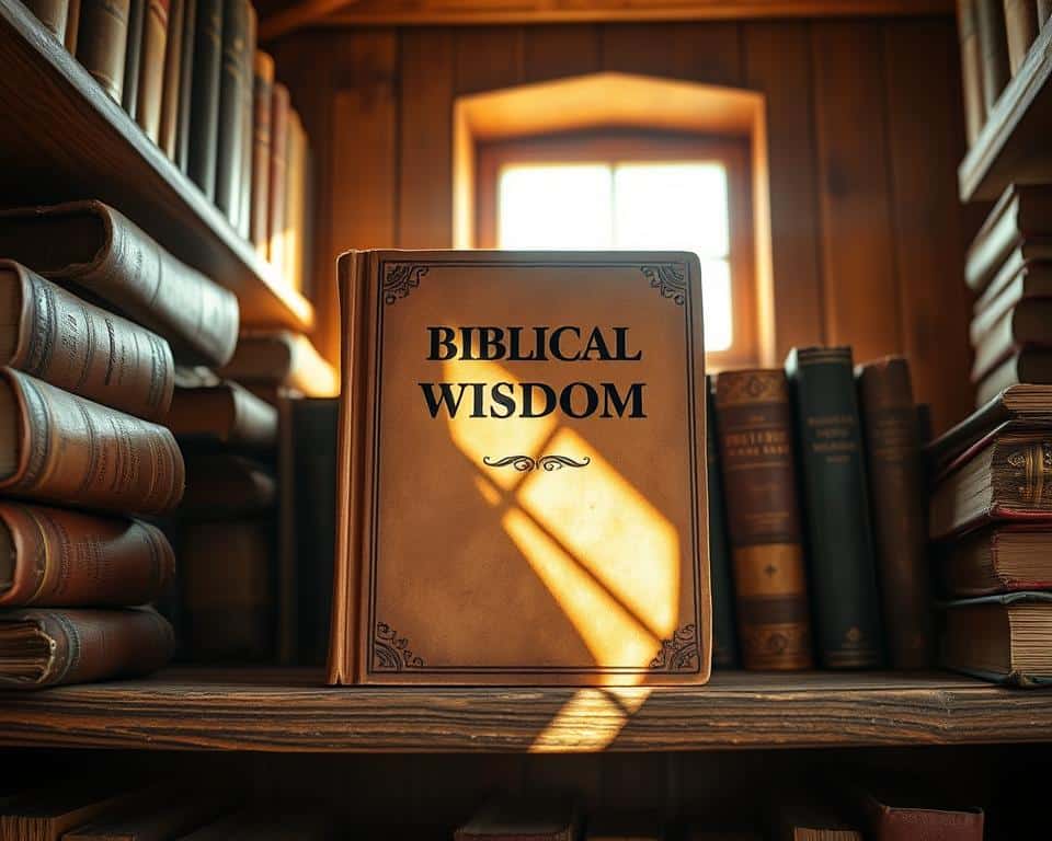 a highly detailed, ultra-realistic 4K photographic image of a wooden bookshelf filled with old, worn leather-bound books, illuminated by natural light streaming through a window, with a single beam of light highlighting a single book titled "Biblical Wisdom" in the center, the tome's weathered cover and gilded edges reflecting the warm lighting, a sense of reverence and contemplation permeating the scene