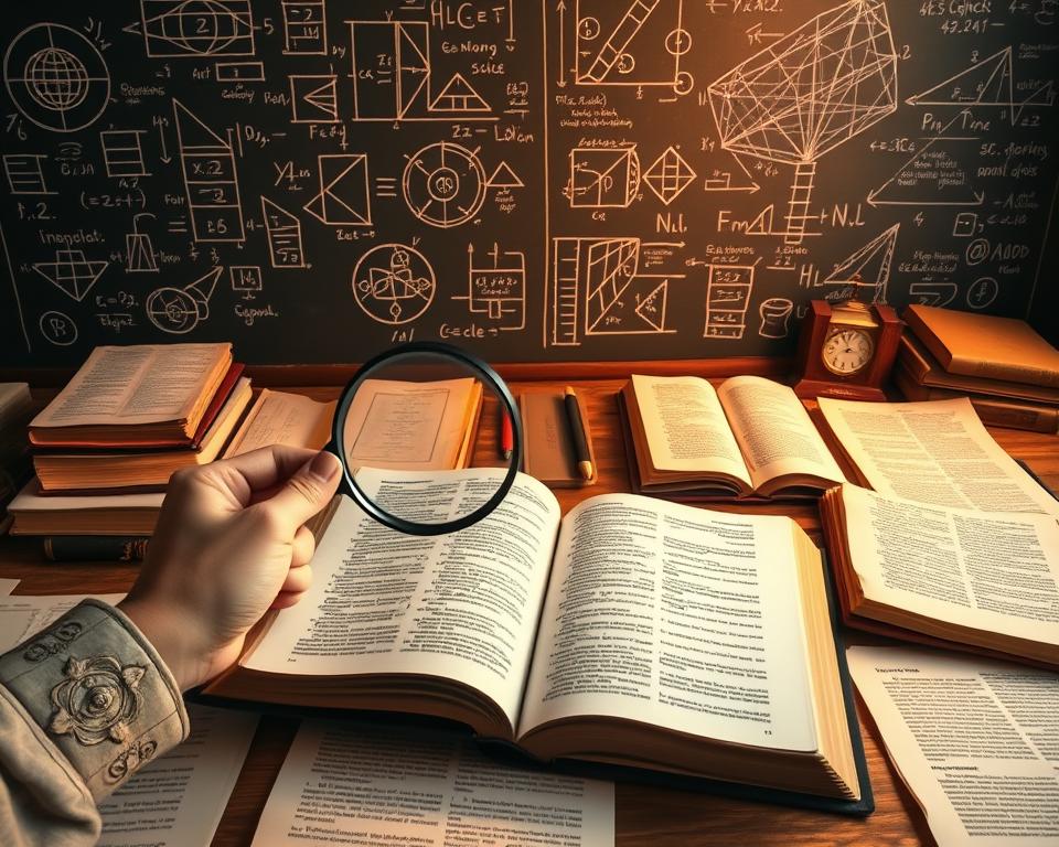 a hyper-realistic professional photograph of a study desk with an open Bible, surrounded by various ancient texts, parchments, and scholarly tomes. The desk is bathed in warm, golden light, casting a contemplative atmosphere. In the foreground, a pair of hands holding a magnifying glass, carefully examining the pages of the Bible. In the background, a chalkboard filled with intricate diagrams, notes, and equations, hinting at the intellectual rigor of biblical criticism. The overall scene conveys a sense of deep scholarly inquiry, exploring the complexities and nuances of the sacred text.