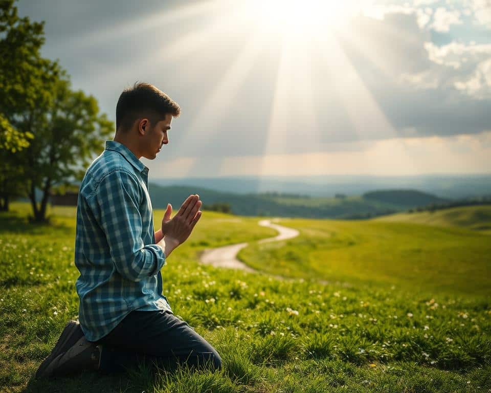 an ultra realistic photo in natural lighting, 4k detail of a serene outdoor scene with a heavenly light shining through the clouds, illuminating a peaceful meadow. In the foreground, a person kneels in prayer, their hands clasped and eyes closed, radiating a sense of deep contemplation and connection with the divine. The middle ground features a path winding through the lush greenery, symbolizing the journey of life, while the background depicts rolling hills and a distant horizon, conveying a sense of the vastness of God's plan. The overall atmosphere is one of tranquility, spirituality, and a profound sense of purpose.