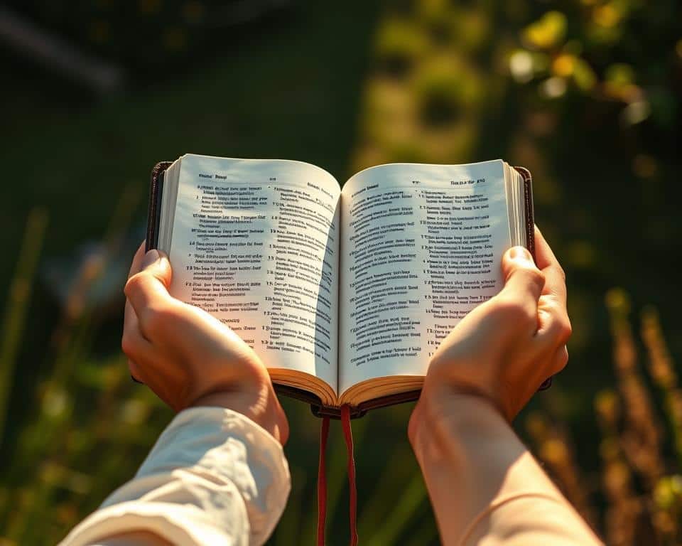 high-angle view of a person's hands holding an open Bible with sunlight streaming through the pages, creating a warm, soft lighting effect, a sense of reverence and contemplation as they prepare to share their faith, the background is blurred but suggests a peaceful, natural setting like a garden or a serene landscape, the image conveys a feeling of spiritual focus and readiness to spread the gospel, ultra realistic photo in natural lighting, 4k detail