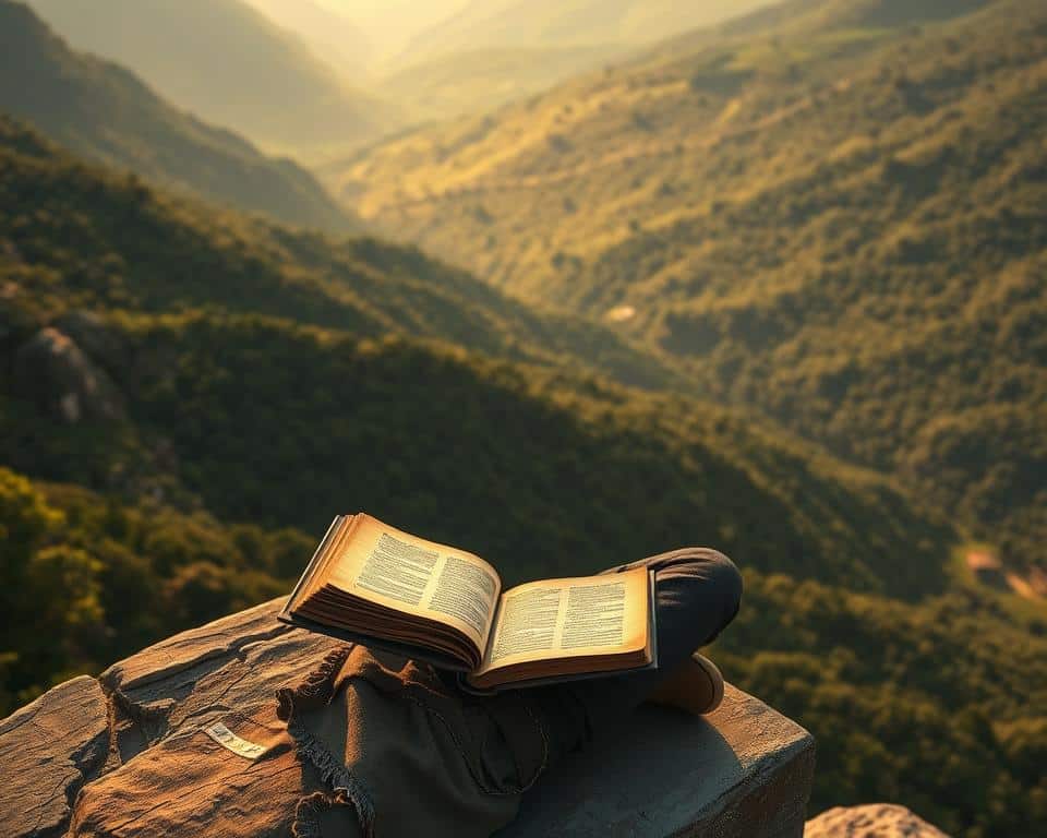high resolution detailed photorealistic illustration of a person sitting cross-legged on a ledge overlooking a lush green valley, deep in contemplation and study of an open ancient book resting on their lap, soft natural lighting illuminating the scene, intricate textures and shading to convey a sense of depth and atmosphere, subtle warm tones and hues to create a calming, reflective mood, capturing the essence of understanding and engaging with wisdom literature