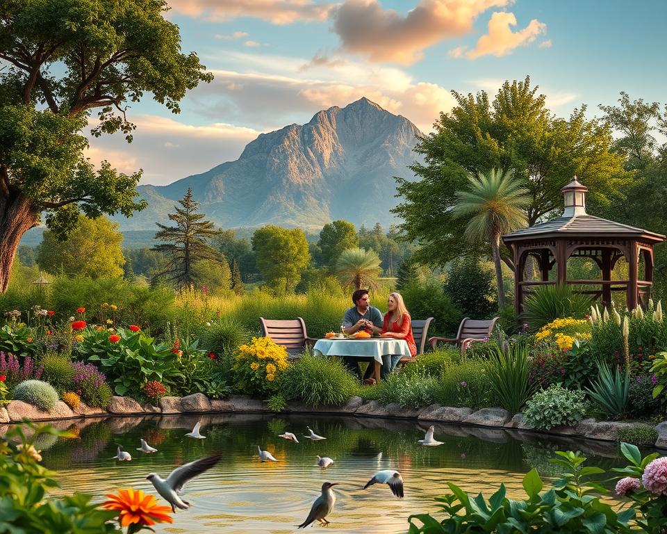 ultra realistic photo in natural lighting, 4k detail of a lush, verdant garden filled with various plants, flowers, and trees. In the foreground, a serene pond reflects the sky above, with birds gracefully gliding across the surface. In the middle ground, a family gathers around a table, enjoying a simple meal together, their faces radiating joy and reverence. In the background, a majestic mountain range rises, its peaks bathed in the warm glow of the setting sun. The overall atmosphere conveys a sense of harmony, stewardship, and a deep appreciation for the beauty and abundance of God's creation.