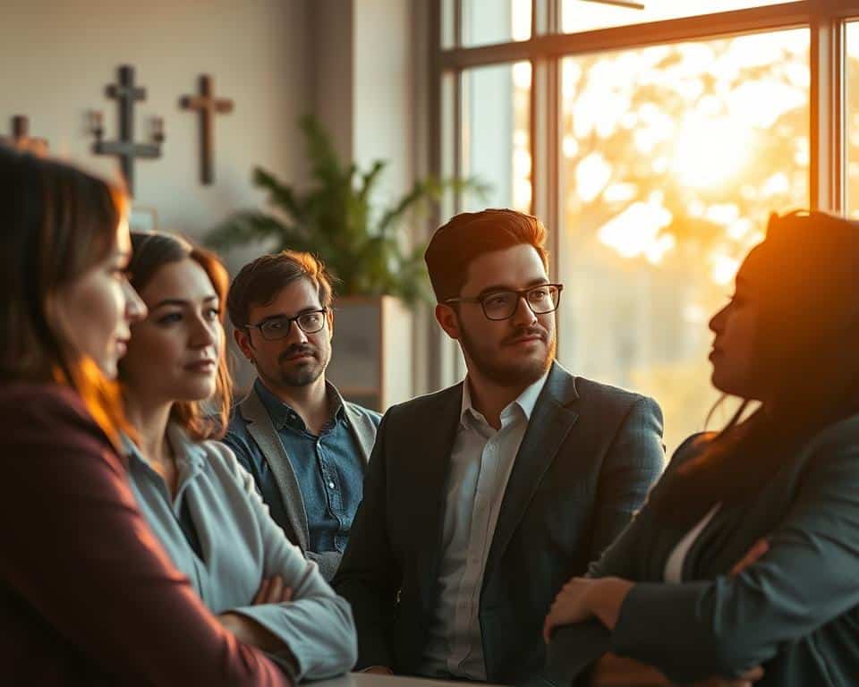 ultra realistic photo in natural lighting, 4k detail of a modern office setting, with a group of diverse professionals engaged in deep conversation, their expressions reflecting thoughtful consideration. In the background, a large window floods the scene with warm, golden sunlight, casting a sense of contemplative serenity. Scattered throughout the space, subtle religious iconography and inspirational quotes hint at the integration of faith and work, creating an atmosphere of purpose and ethical diligence. The overall composition conveys the meaningful impact of faith-based principles in a professional environment.