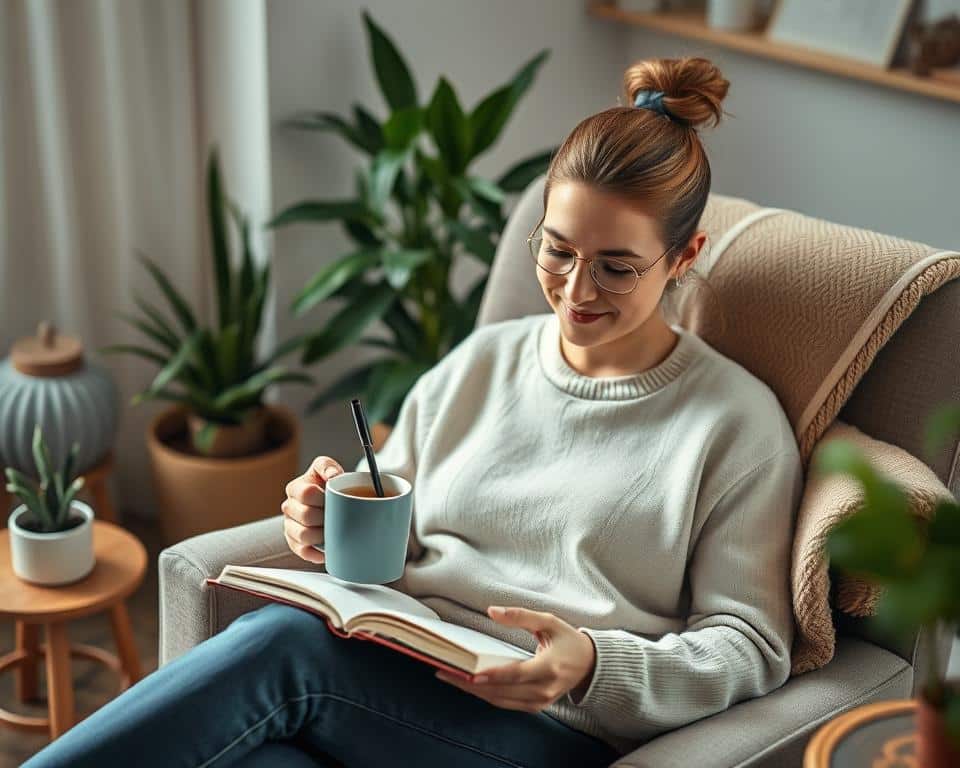 ultra realistic photo in natural lighting, 4k detail of a person sitting in a comfortable chair in a cozy living room, writing in a journal with a thoughtful expression on their face, surrounded by simple decor elements like houseplants, a warm throw blanket, and a mug of tea, conveying a sense of peaceful contemplation and mindfulness as part of a daily gratitude practice